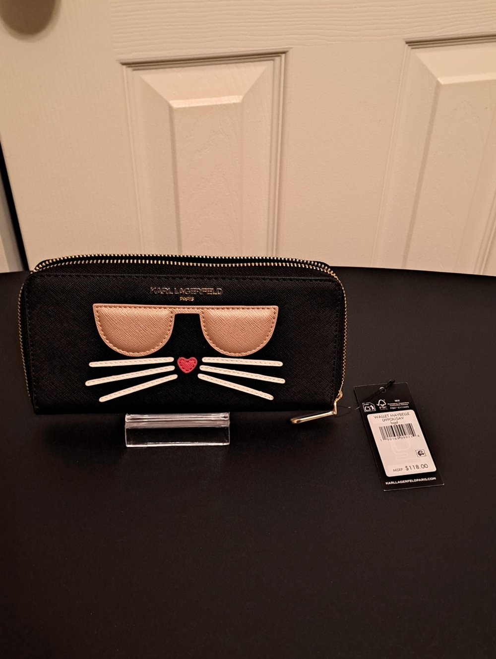 Karl Lagerfeld Black Cat Wallet with Pink Heart & Gold Sunglasses NWT
